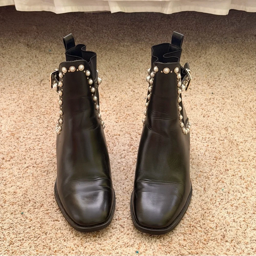 ZARA Black Pearl-Stud Ankle Boots – Women’s Size 41